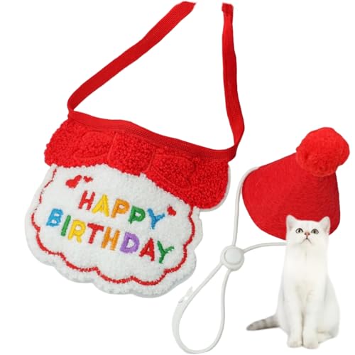 HSTWODE 1 Satz Geburtstagsmütze Schal-Set für kleine Hunde und Katzen, niedliches Haustier Geburtstags Bandana Partyzubehör Welpen Happy Birthday Besticktes für Kätzchen (Rot) von HSTWODE