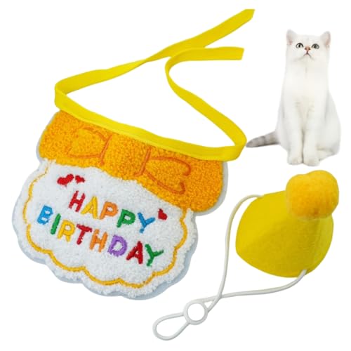 HSTWODE 1 Satz Geburtstagsmütze Schal-Set für kleine Hunde und Katzen, niedliches Haustier Geburtstags Bandana Partyzubehör Welpen Happy Birthday Besticktes für Kätzchen (gelb) von HSTWODE