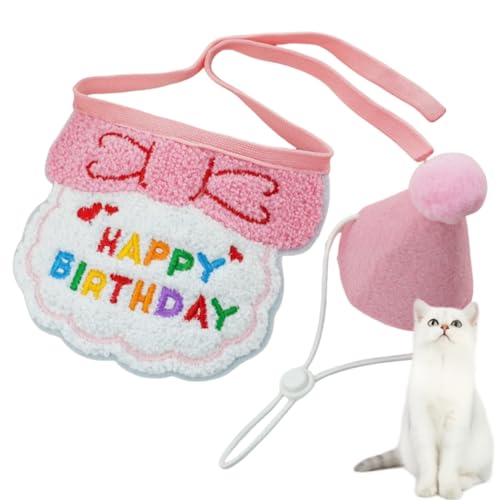 HSTWODE 1 Satz Geburtstagsmütze Schal-Set für kleine Hunde und Katzen, niedliches Haustier Geburtstags Bandana Partyzubehör Welpen Happy Birthday Besticktes für Kätzchen (gepudert) von HSTWODE