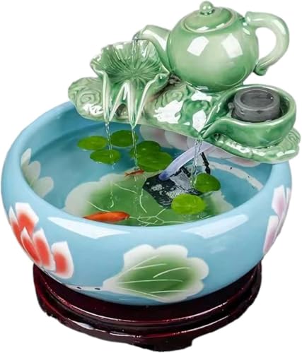 Aquarium, rundes Keramik-Aquarium, Schildkrötenbecken, Wohnzimmer, kleines dekoratives Aquarium für den Schreibtisch zu Hause, mit Wasserpumpe und Keramik-Teekanne, Dekoration, Aquarium-Set (blau, 32 von HTDSVTD