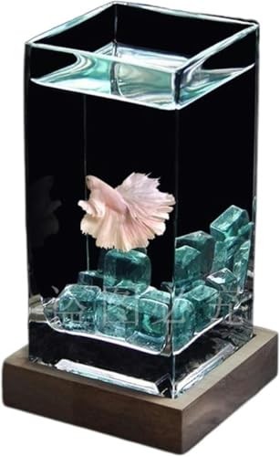 Quadratisches, hochdurchscheinendes Kampffischbecken mit Holzsockel, tropisches Fischbecken, verdicktes Glas, kleines Fischbecken für den Schreibtisch, Aquarium-Set (Farbe: Weiß02) - Blau von HTDSVTD