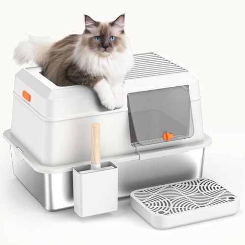 HTii-ë® Katzentoilette aus Edelstahl, extra große Katzentoilette für Katzen, Geschlossene Metall-Kitty-Katzentoilette mit Streuschaufel, Geruchs-Urin-Beweis, nicht klebrig, leicht abzuspülen, von HTII-E