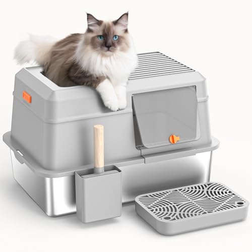 HTii-ë® Katzentoilette aus Edelstahl, extra große Katzentoilette für Katzen, Geschlossene Metall-Kitty-Katzentoilette mit Streuschaufel, Geruchs-Urin-Beweis, nicht klebrig, leicht abzuspülen Reinigung von HTII-E