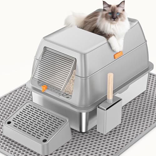 HTii-ë® Katzentoilette aus Edelstahl, extra große Katzentoilette für Katzen, Geschlossene Metall-Kitty-Katzentoilette mit Streuschaufel, Geruchs-Urin-Beweis, nicht klebrig, leicht abzuspülen, Grau von HTII-E