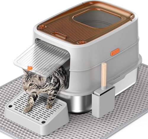 HTii-ë® Katzentoilette aus Edelstahl, extra große Katzentoilette für Katzen, Geschlossene Metall-Kitty-Katzentoilette mit Streuschaufel, Geruchs-Urin-Beweis, nicht klebrig, leicht abzuspülen Reinigung von HTII-E