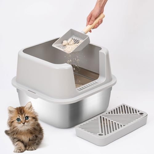 HTii-ë® Kleine Katzentoilette aus Edelstahl, 39,4 cm L x 39,4 cm B Katzentoilette für Kleintiere, Metall Kätzchentoilette mit Streuschaufel, Geruchs-Urinfest, Nicht klebrig, Einfache Spülreinigung von HTII-E