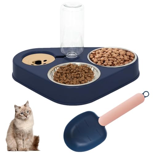 Katzennapf-Set, 3 in 1 Futternapf Katzen aus Edelstahl, Katzenfutternäpfe Hoch mit Automatischem Wasserspender, Doppelnapf Katzen mit Schaufel für Kleine und Mittelgroße Hunde und Katzen (Blau) (Blau) von HTRTRR