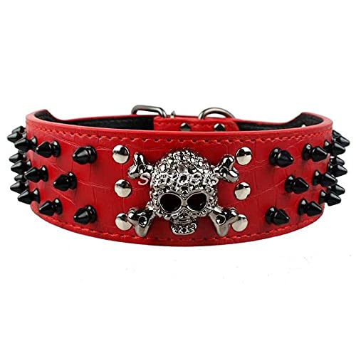 2" Breites Stachelbesetztes Leder Hundehalsband Kugelnieten Mit Coolem Totenkopf Haustierzubehör Für Mittlere Große Hunde S-XL,rot,S von HUANSUN