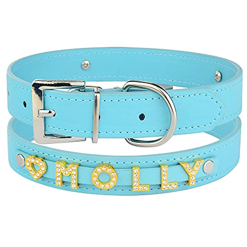 Bling Personalisiertes Hundehalsband Strass Leder Small Medium Pet,Blau,L 36,46cm von HUANSUN