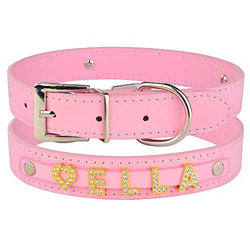 Bling Personalisiertes Hundehalsband Strass Leder Small Medium Pet,Rosa,L 36,46cm von HUANSUN