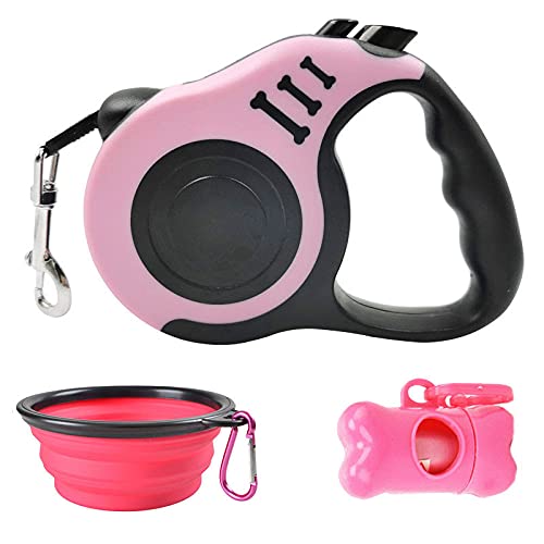 Einziehbare Hundeleine Hundekotbeutelspender und Taschen Hundenapf Leine für Hunde Haustier Welpenleine 3m/5m,Rosa 1,5 M von HUANSUN