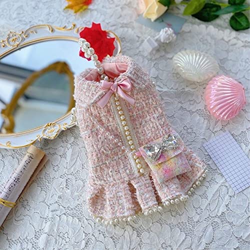 HUANSUN Hundebekleidung Haustier Kleid Mantel Rosa Tweed Kleine Fee Prinzessin Outfit Perlen Rock Kette Tasche Zubehör,Rosa,L von HUANSUN