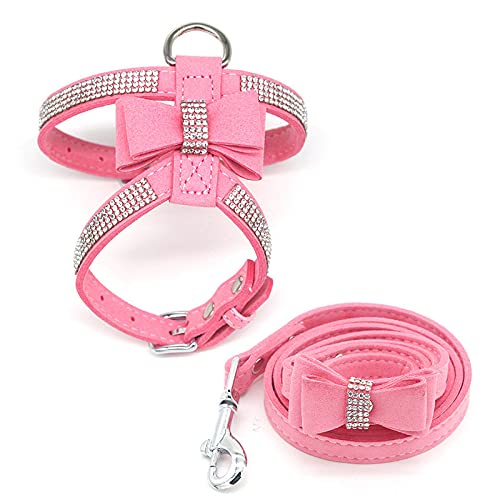 Hundegeschirr Leine Anzug Weste Glänzende Diamanten verstellbare weiche Stoffschleife Strass Haustierhalsband Geschirre für Hunde Produkte,Rosa Set,M von HUANSUN