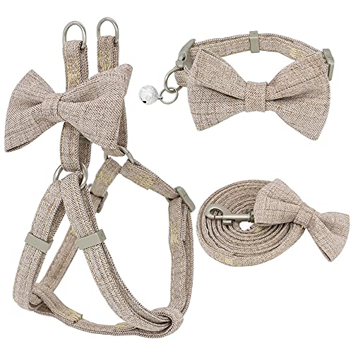 Hundegeschirr Leine Halsband Set verstellbare weiche süße Schleife Doppelschicht Hundegeschirr für kleine mittelgroße Hundehalsband Leine Outdoor Walking,Khaki,S,1.0cm von HUANSUN