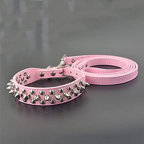 Hundehalsbänder aus PU-Leder Runde Spikes Nietenbesetztes Hundehalsband und Leine Set,Rosa,L von HUANSUN