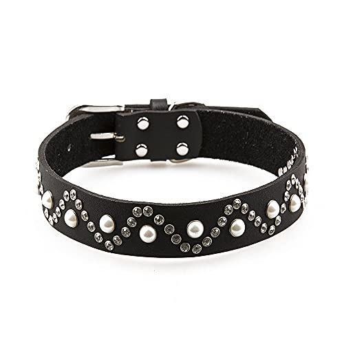 Leder Hundehalsband Leine Schmuck Perlen und Diamanten Besetzte Halskette Haustierprodukte Hundezubehör,Schwarz,M von HUANSUN