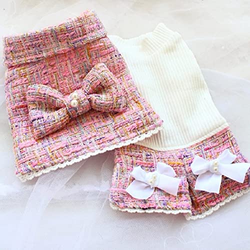 Luxus Hundebekleidung Haustier Kleid Mantel Verdickte Rosa Tweed Twin Sets Weste Stricken Outfit Lady Holiday,Rosa,L von HUANSUN