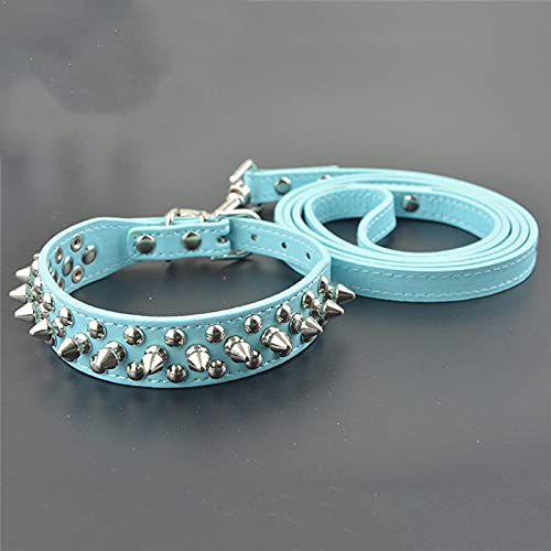 PU-Leder Hundehalsbänder Runde Spikes Nietenbesetztes Hundehalsband und Leine Set,Blau,M von HUANSUN