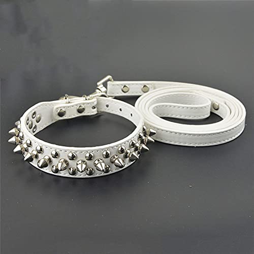 PU Leder Hundehalsbänder Runde Spikes Nietenbesetztes Hundehalsband und Leine Set,Weiß,M von HUANSUN