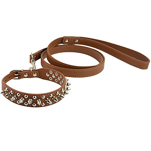 PU Leder Hundehalsbänder Runde Spikes Nietenbesetztes Hundehalsband und Leine Set,braun,S von HUANSUN