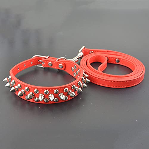 PU Leder Hundehalsbänder Runde Spikes Nietenbesetztes Hundehalsband und Leine Set,rot,M von HUANSUN