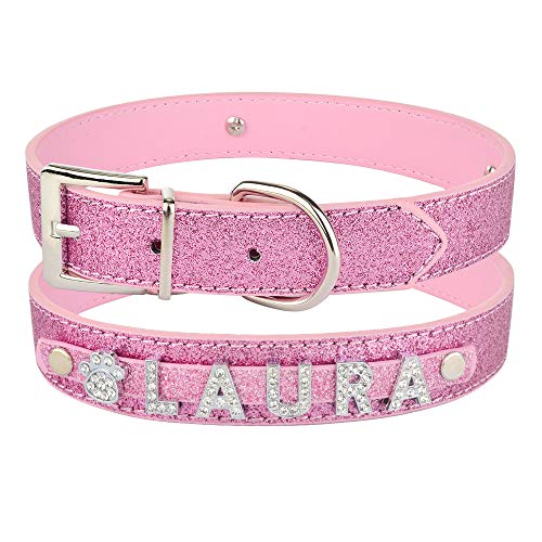 Personalisierte Hundehalsband Leder Strass Bling Charms Haustier Hunde Katze,Rosa,M 30,39cm von HUANSUN