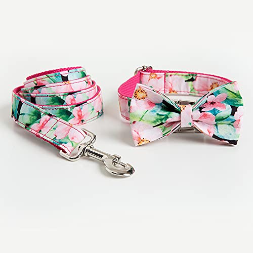 Personalisierte rosa Blume Hundehalsband Leine mit Fliege Set für kleine mittelgroße Hunde, Halsband Fliege, XL von HUANSUN