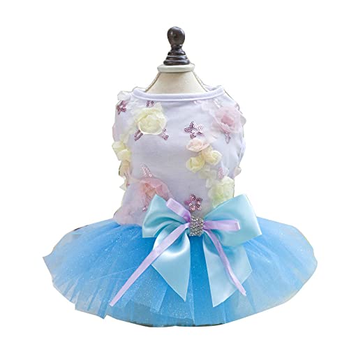 Sommer Hund Kleid Hochzeitskleid Rock Bowknot Spitze Pailletten Haustier Hundebekleidung für kleine mittlere Hunde Süße Mesh Haustier Katze Kurze Röcke,Blau,M von HUANSUN