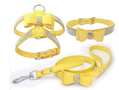 Verstellbarer Brustgurt mit Schnalle Strass Weiche Wildleder Schleife Haustier Hund Katzengeschirr Leder Hochwertiges Hundehalsband 3-teiliges Set,gelb,L von HUANSUN