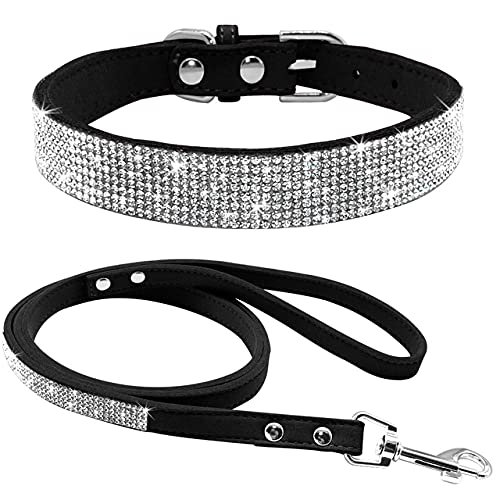 Verstellbares Leder Hundehalsband Leine Set Weicher Strass Kleine Mittelgroße Hunde Katzenhalsbänder Laufleinen Rosa XS SM,Schwarz,M von HUANSUN