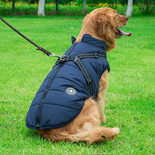 Winter-Hundebekleidung für große Hunde Jacke mit Geschirr wasserdichter Mantel Labrador Golden Retriever weiche warme Weste Bekleidungszubehör,Marineblau,XXL von HUANSUN