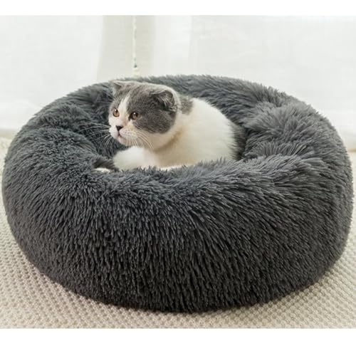 HUAXIQUE Hundebett Rund Hundekissen Plüsch Donut katzenbettfür Katzen Und Kleine Mittelgroße Hunde Waschbar Haustierbett Anti Rutsch Noppenboden 70cm Dunkelgrau von HUAXIQUE