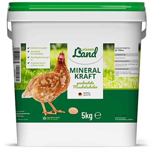 HÜHNER Land Mineral Kraft für Hühner 5kg, Natürliches Muschelschrot, Muschelgrit - Reich an Calcium, Mineralgrit für Knochen- & Eibildung, Grit für Hühner aus Muschelkalk von HÜHNER Land