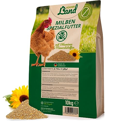 HÜHNER Land Milben-Spezial Hühnerfutter mit Vitaminen & Mineralstoffen 10kg - Ohne Farbstoffe & Zuckerzusätze, Premium Körner- und Saatmischung, Abwechslung Hühner Alleinfutter von HÜHNER Land