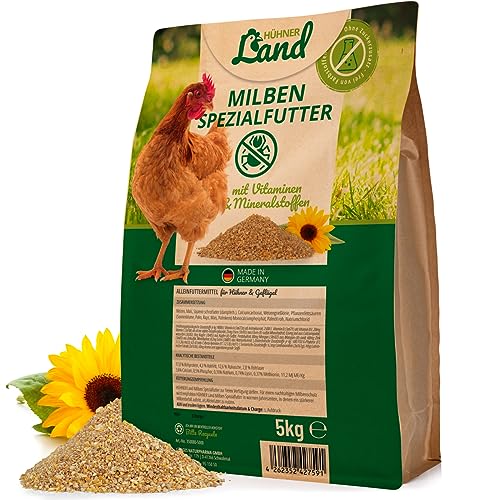 HÜHNER Land Milben-Spezial Hühnerfutter mit Vitaminen & Mineralstoffen 5kg - Ohne Farbstoffe & Zuckerzusätze, Premium Körner- und Saatmischung, Abwechslung Hühner Alleinfutter von HÜHNER Land