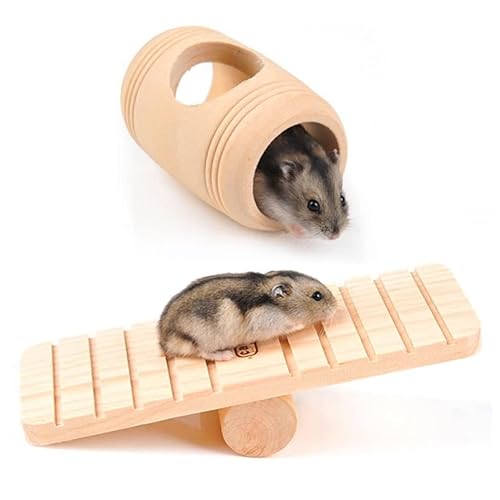 HUFFA Hamster Wippe und Hamster Holzfass Spielzeug Sets - Natürliches Holz Hamster Spielzeug - Ruhe und Spielen Kauspielzeug von HUFFA