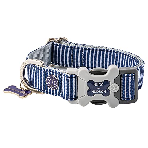 HUGO & HUDSON Hundehalsband, verstellbare Sicherheitsschnalle, Marineblau gestreift, M von HUGO & HUDSON