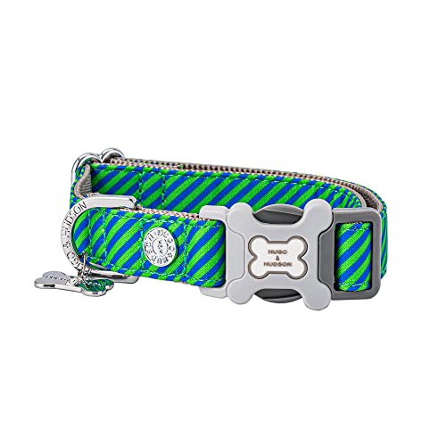 HUGO & HUDSON Nylon-Hundehalsband mit Schnellverschluss-Sicherheitsschnalle aus Kunststoffknochen, Haustierhalsband - Marineblau und grün diagonal gestreift - L von HUGO & HUDSON