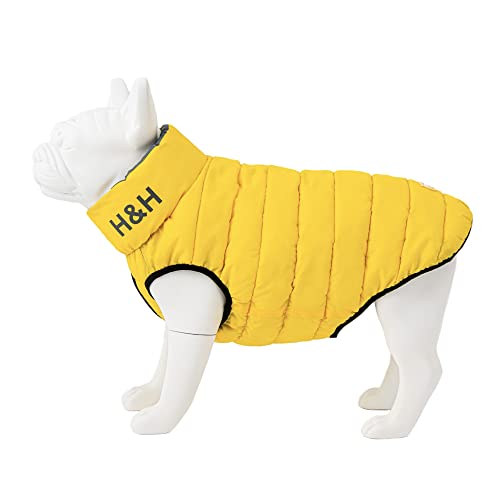 HUGO & HUDSON Reversible Winter-Pufferjacke für Hunde, wasserabweisender Mantel, Gelb und Grau, L55 von HUGO & HUDSON