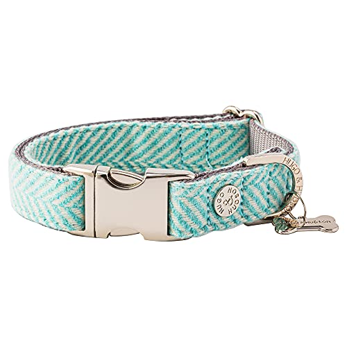 HUGO & HUDSON Tweed-Hundehalsband, verstellbare Sicherheitsschnalle, Aqua Fischgrätenmuster, L von HUGO & HUDSON