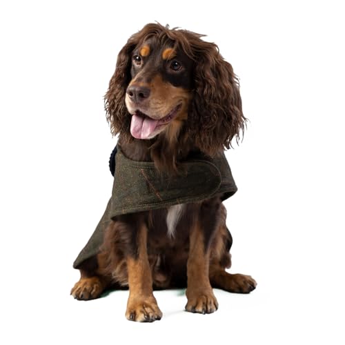 HUGO & HUDSON x Hackett Tweed Hundejacke Mantel Cordkragen, dunkelgrün kariert Fischgrätmuster S35 von HUGO & HUDSON