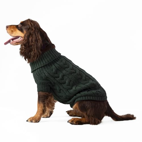 HUGO & HUDSON x Hackett Hundepullover mit Zopfmuster, Warmer Rollkragenpullover aus Strick, Grün, M von HUGO & HUDSON