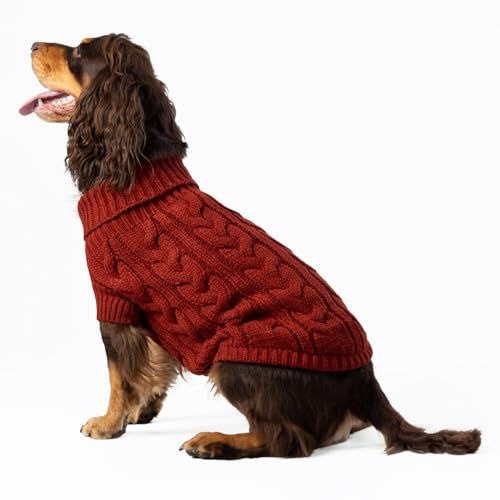 HUGO & HUDSON x Hackett Hundepullover mit Zopfmuster, Rollkragenpullover aus Strick, Ziegelrot, XS von HUGO & HUDSON