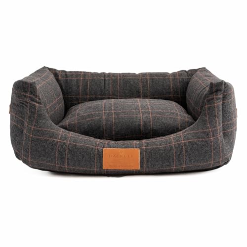 HUGO & HUDSON x Hackett Hundebett aus Tweed-Stoff, kariert, mit Ledergriffen, 70 x 85 x 27 cm, Dunkelgrau von HUGO & HUDSON