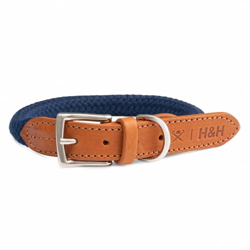 HUGO & HUDSON x Hackett Hundehalsband aus Seil mit Cognac-Leder mit Verstellbarer Metallschnalle, Marineblau, L von HUGO & HUDSON