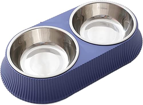 Tragbare Hundewasserflasche, doppelter quadratischer runder Futternapf, Tierfutter- und Wasserspender, aus Edelstahl, Futterspender for Hunde und Katzen(Double bowl blue) von HUIHHAO