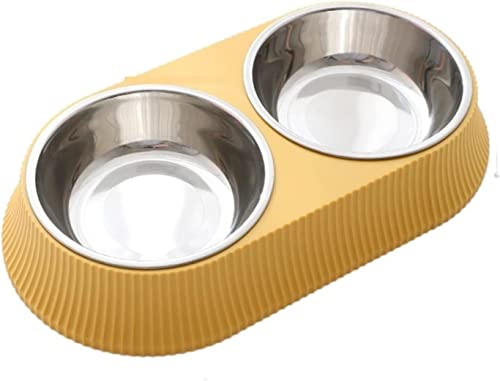 Tragbare Hundewasserflasche, doppelter quadratischer runder Futternapf, Tierfutter- und Wasserspender, aus Edelstahl, Futterspender for Hunde und Katzen(Double bowl yellow) von HUIHHAO