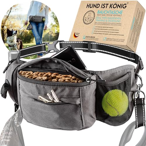 HUND IST KÖNIG® Leckerlitasche für Hunde Leckerlis & Hundezubehör - Robuste Bauchtasche Hund - Futterbeutel Hunde mit viel Platz, Kotbeutelspender, Handyfach & Leinen-Gurt von HUND IST KÖNIG