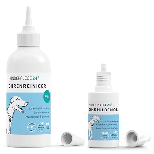 HUNDEPFLEGE24 Ohrenpflege Set - Ohrenreiniger Akut 250ml + Ohrmilbenöl 50ml - Das ideale Duo für gesunde Hundeohren - Sofortwirkung gegen Ohrmilben und pflegende Wirkung bei Entzündungen von HUNDEPFLEGE24