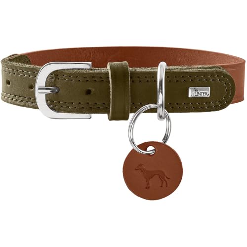 HUNTER Hundehalsband LEMVIG, Farbe: Cognac/Oliv, Leder, belastbar & strapazierfähig, angenehm weich, komfortabel, elegant & trendig, Made in Germany, Größe: 55 von HUNTER